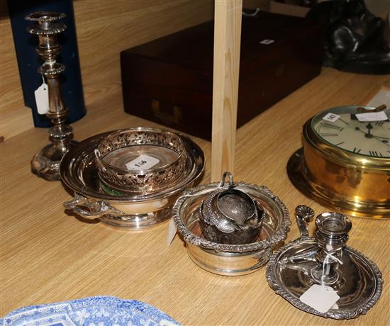 An embossed white metal cream jug, a Sheffield Plate chamberstick and sundry plate, including candlestick, wine coasters, etc.